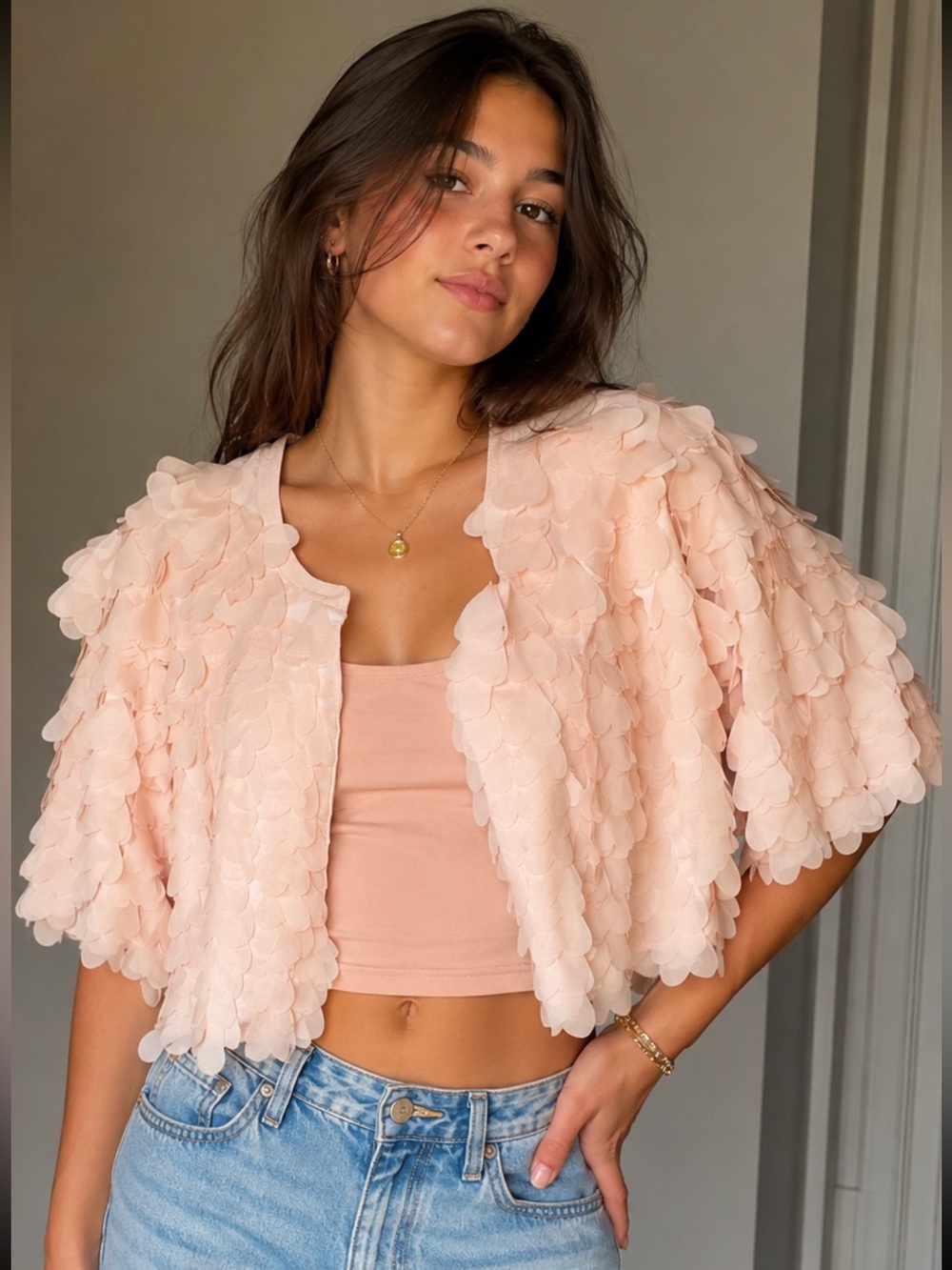 H&M Blush Pink Petal-Detail Crop Jacket
